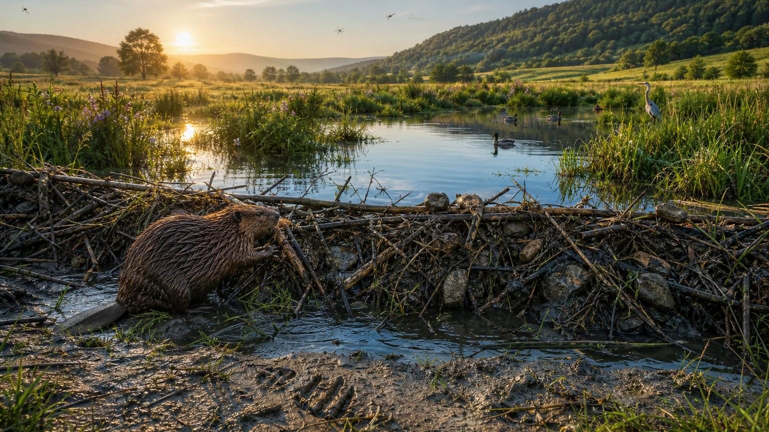 Un ruisseau avec un barrage de branches et de bois construit par un castor, créant une mare stagnante ; paysage vert avec végétation abondante autour.