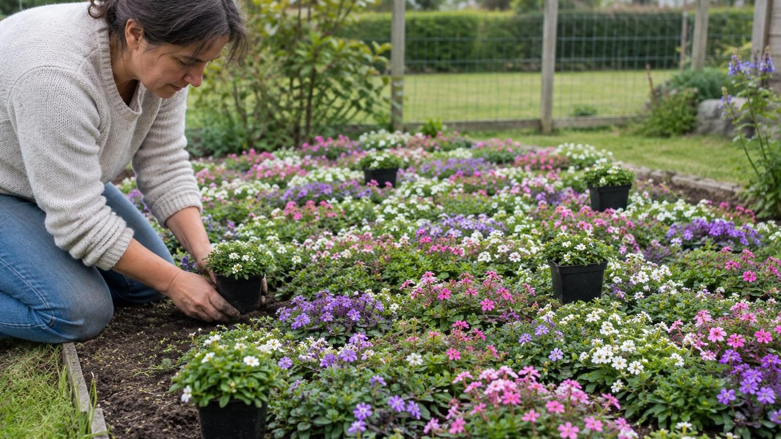 Gros plan de trois vivaces rampantes en fleur : clochettes de bruyère rose pâle, coussin dense de phlox blanc et rose, et fleurs bleu azur de plumbago alternant dans un massif cohésif.