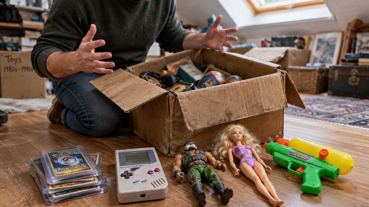Assortiment coloré de jouets vintage des années 80 et 90, incluant des figurines, des cartes à jouer, des consoles rétro et des peluches de collection soigneusement empilées sur un fond neutre.