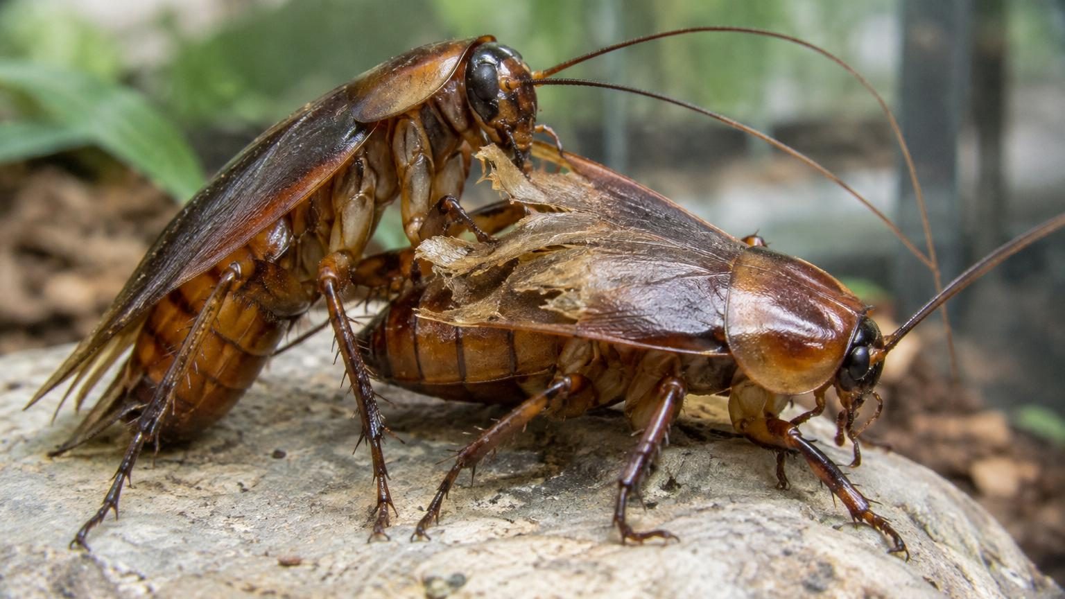 Deux gros cafards asiatiques noirs face à face dans un tunnel de bois pourri, l'un mordant les ailes de l'autre dans un geste d'engagement mutuel.