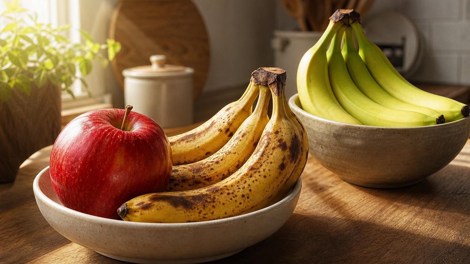 Une corbeille de fruits avec des pommes rouges et des bananes vertes et jaunes rangées ensemble sur un plan de travail de cuisine ensoleillé