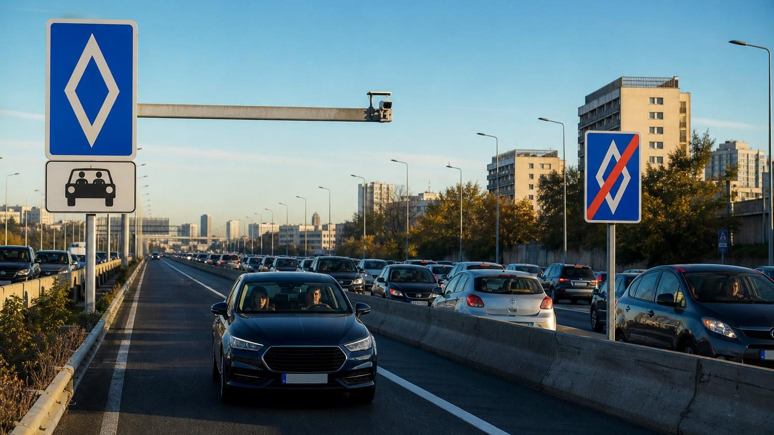 Voie rapide aux abords de Lyon avec deux files côte à côte, l'une fluide marquée d'un panonceau losange blanc sur fond bleu, l'autre congestionnée avec des véhicules ralentis.