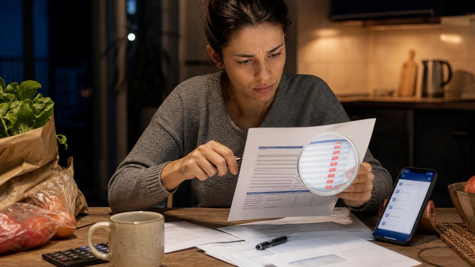 Gros plan sur un relevé bancaire détaillé montrant plusieurs petites lignes de frais et commissions, symbolisant les dépenses invisibles qui s'additionnent sans attention.