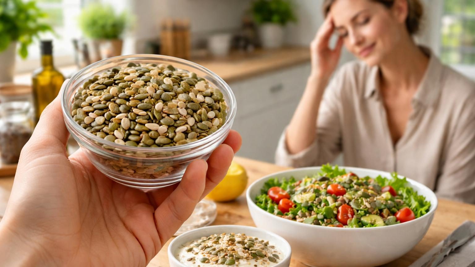 Poignée de graines variées (courge, tournesol, sésame) sur fond blanc, symbolisant les sources naturelles de magnésium pour la prévention des migraines.