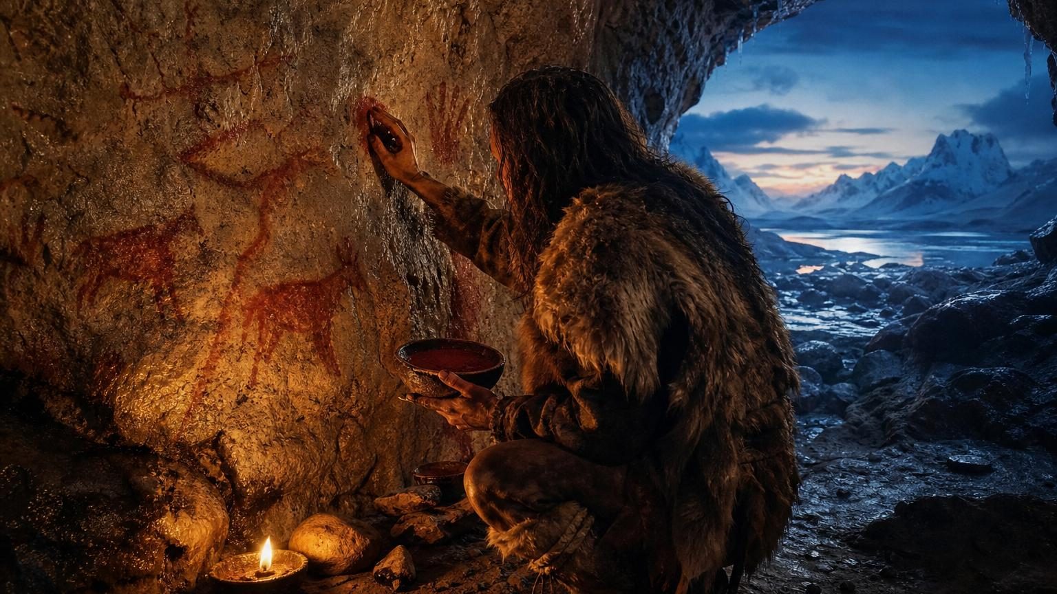 Paroi rocheuse dans une cavité sombre illuminée par une lumière rasante, mettant en évidence des lignes rouges discrètes tracées à l'ocre sur la pierre.