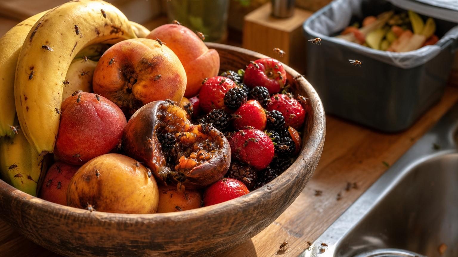 Gros plan sur de minuscules moucherons volant autour de fruits très mûrs et fermentés dans une corbeille de cuisine estivale