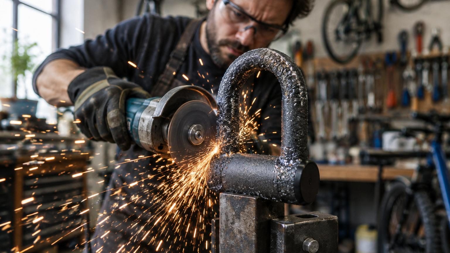 Antivol en U Grinder avec revêtement en carbure de silicium et anse de protection renforcée, présenté sur fond neutre.