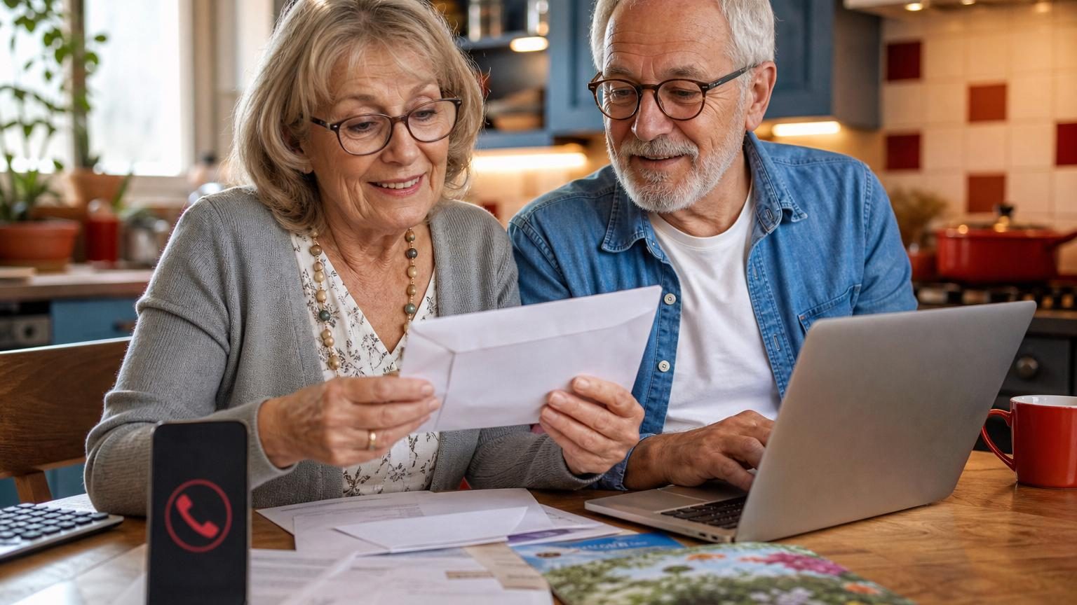Enveloppe ouverte posée sur une table entre une facture d'électricité et un catalogue, symbolisant la confusion entre courrier administratif authentique et arnaque.