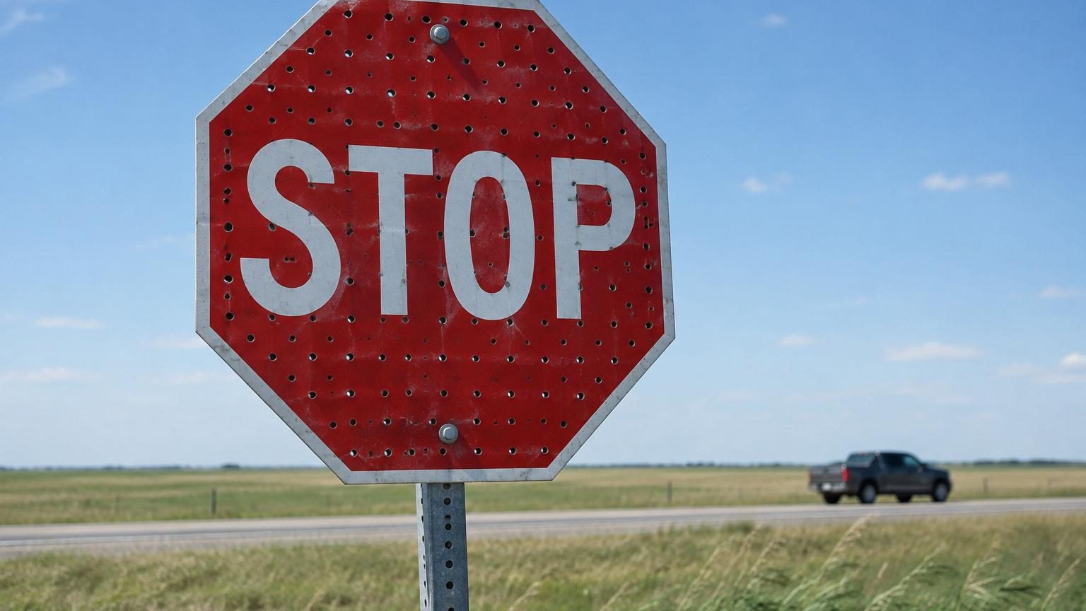 Panneau stop rouge et blanc avec une grille régulière de petits trous circulaires alignés, conçu pour résister aux vents violents.