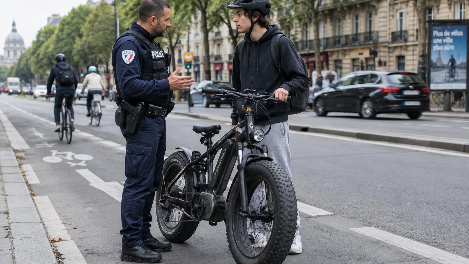 Une fatbike électrique aux pneus surdimensionnés stationnée, illustrant le gabarit massif et la conception robuste qui attire l'attention sur les pistes cyclables.