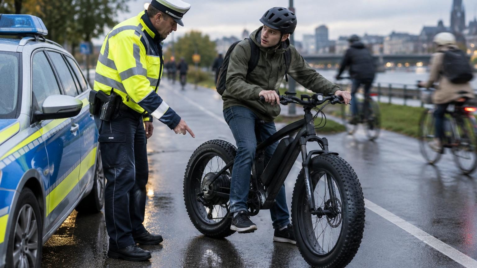 Un fatbike électrique équipé de gros pneus noirs stationnécontrastant avec les lignes blanches d'une piste cyclable urbaine