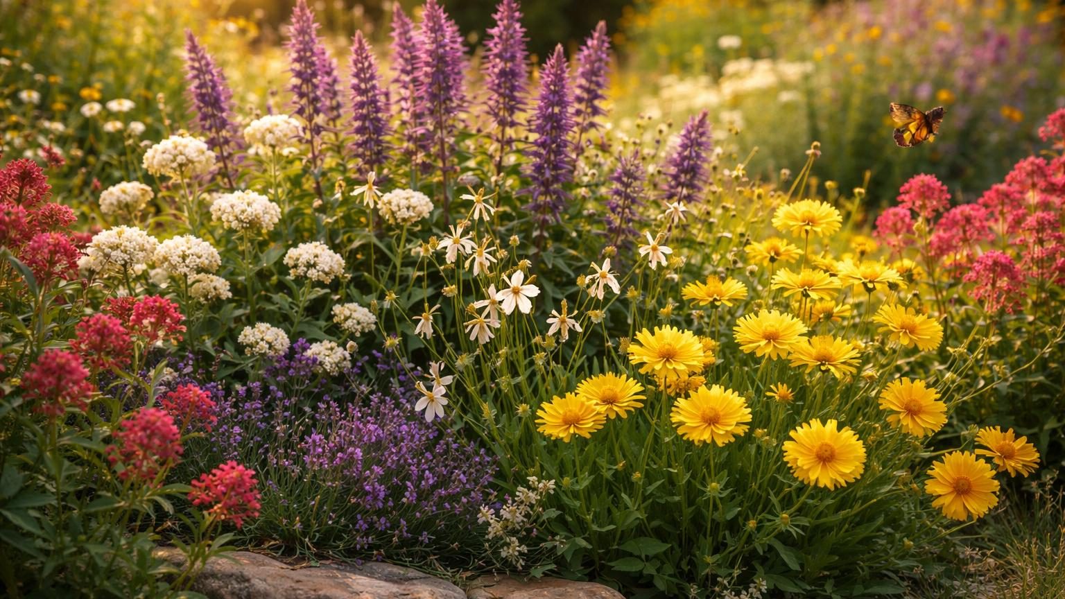 Massif de vivaces colorées en floraison estivale avec fleurs jaunes, blanches et rouges composé de coréopsis, gaura et valériane dans un jardin ensoleillé.