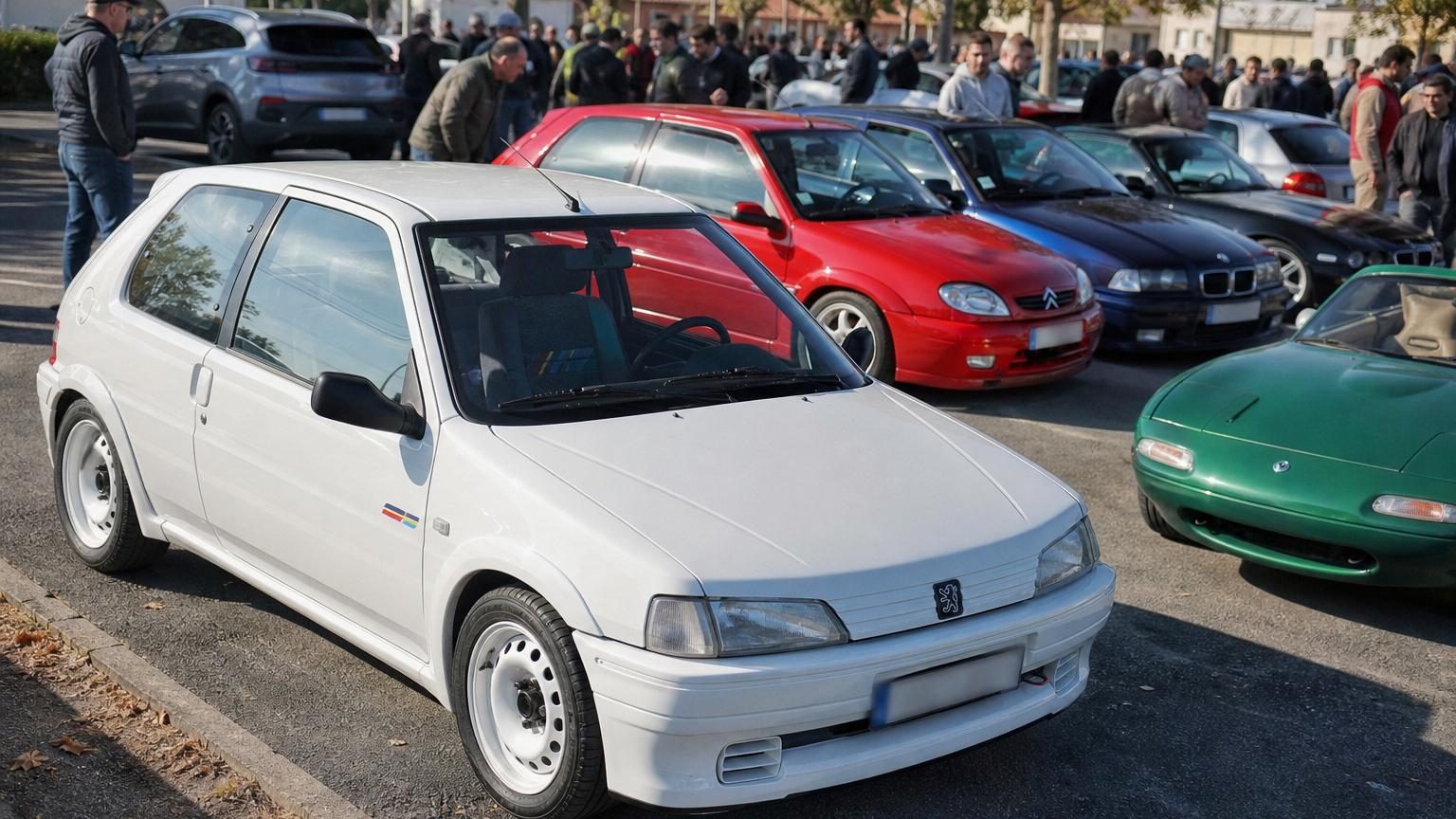 Parking d'un rassemblement automobile avec une Peugeot 106 Rallye blanche aux côtés d'un SUV moderne, attirant plus de regards des visiteurs passionnés.