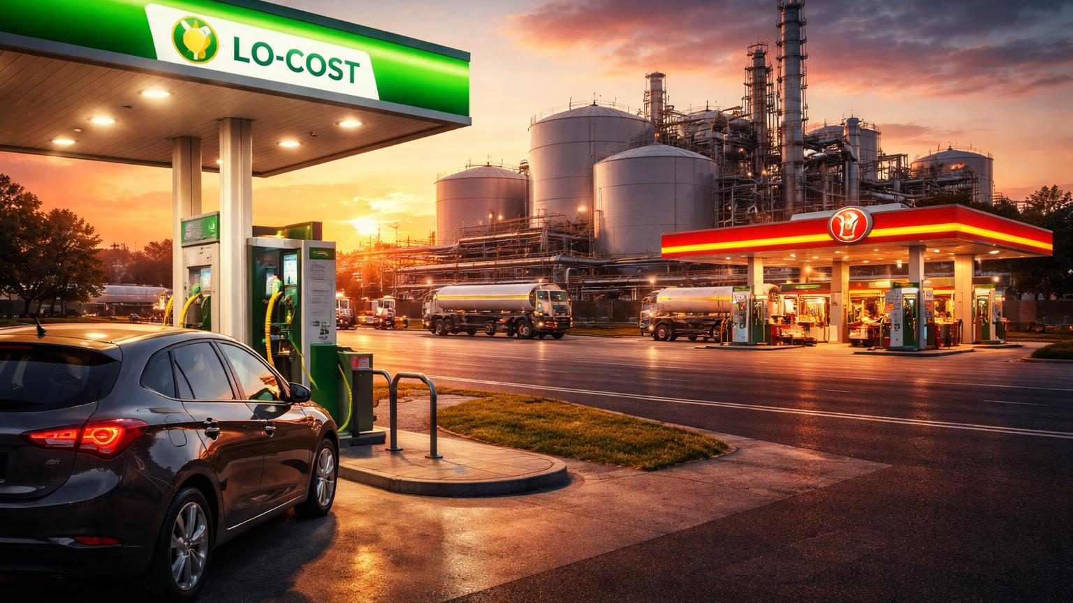 Pompe à essence automatisée d'une station-service low cost sans personnel, en zone périphérique ou parking de centre commercial, illustrant le modèle économique réduit des enseignes discount.