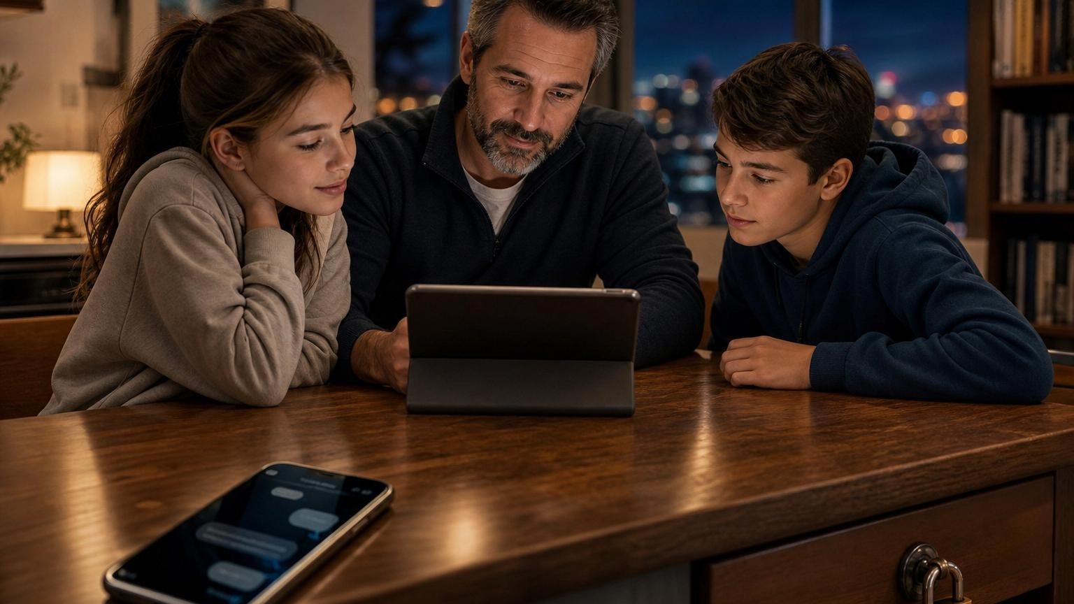 Adolescent regardant un écran de téléphone dans un environnement familial, illustration de l'enjeu de l'accès numérique des mineurs