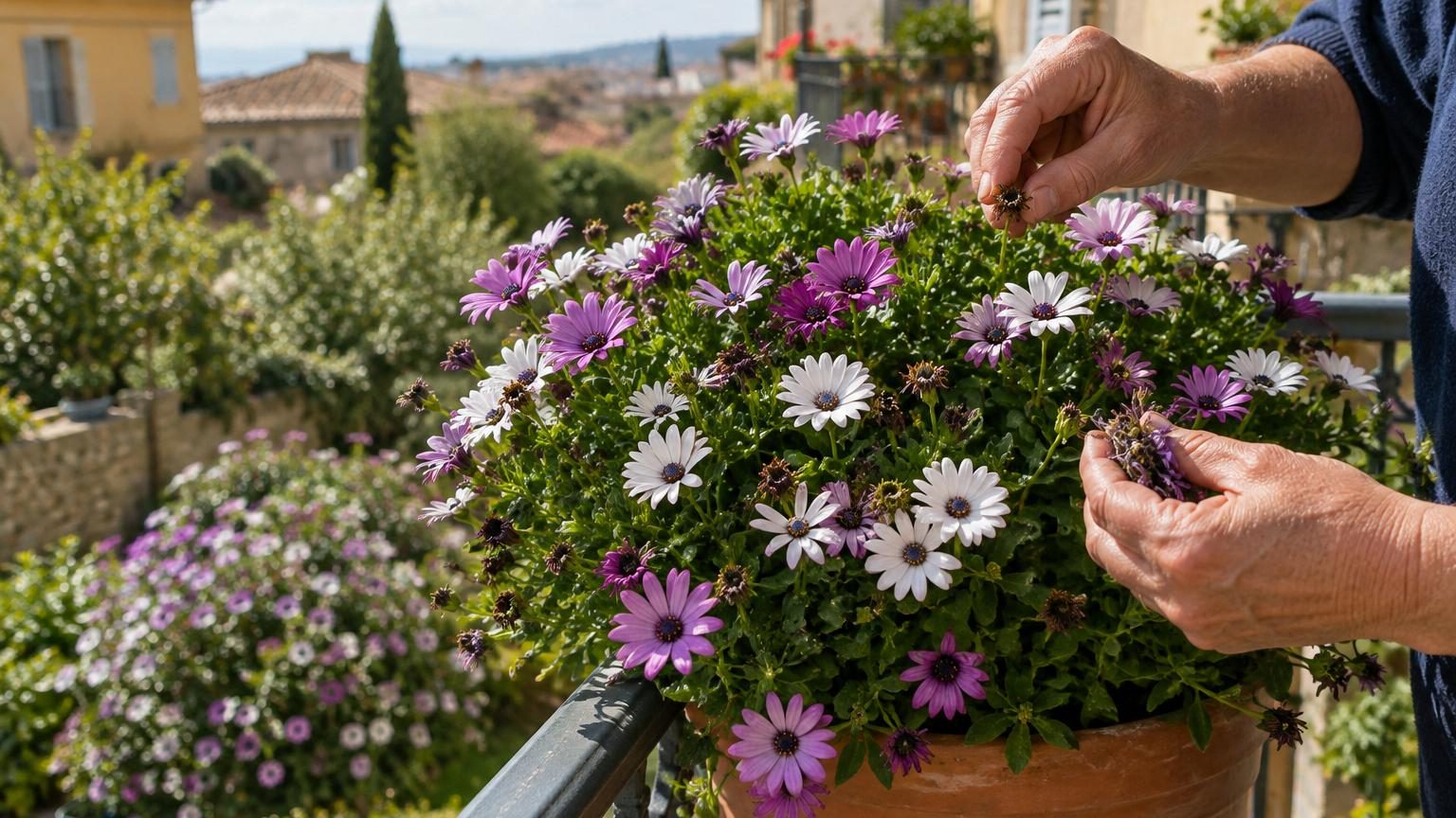 Polygala myrtifolia aux petites fleurs rose mauve en forme de papillons, avec feuillage vert brillant dense et persistant, cultivé en pot sur une terrasse ensoleillée.