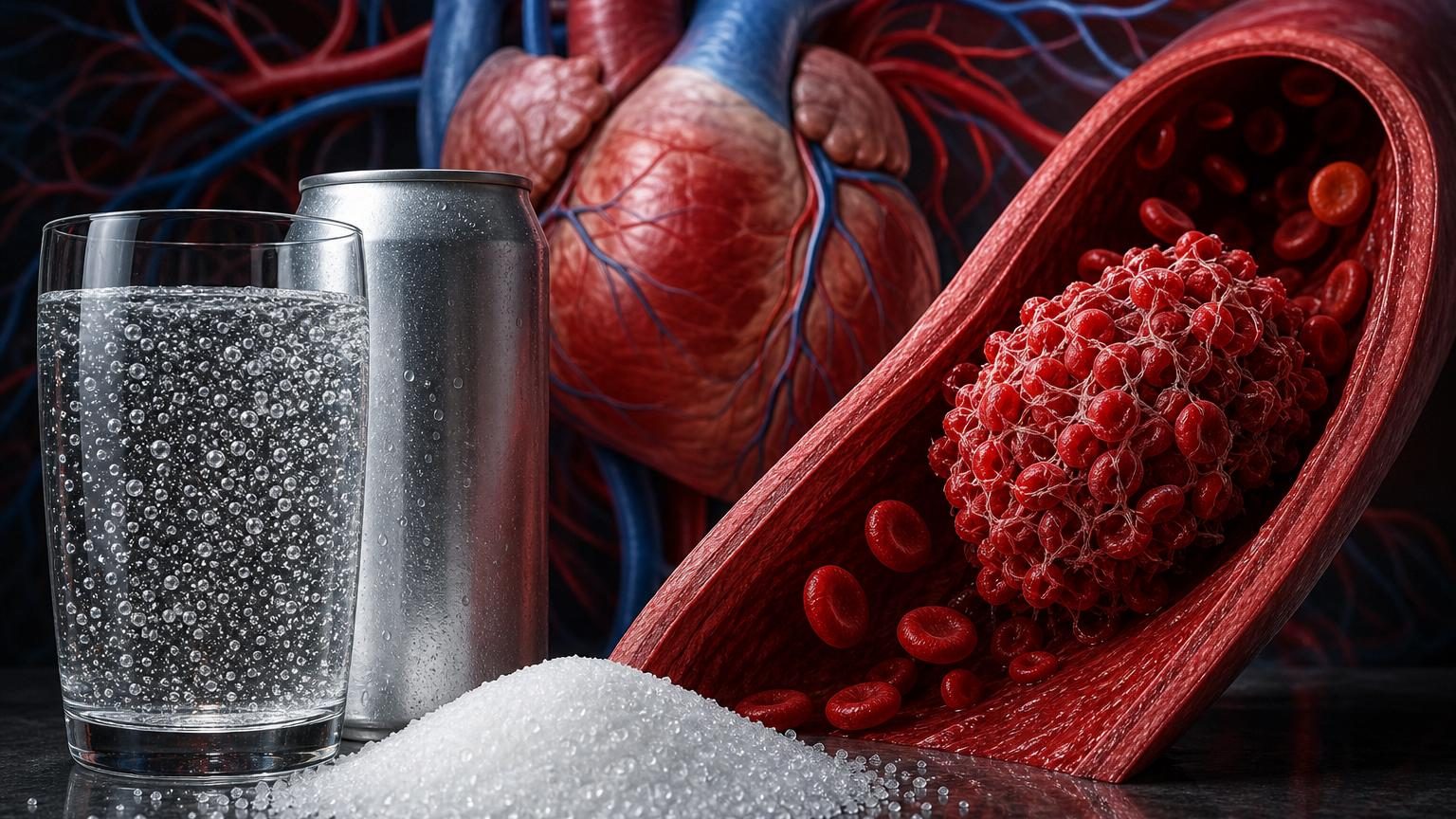 Étude scientifique montrant des molécules d'érythritol et des plaquettes sanguines avec symbole d'alerte cardiovasculaire en arrière-plan.