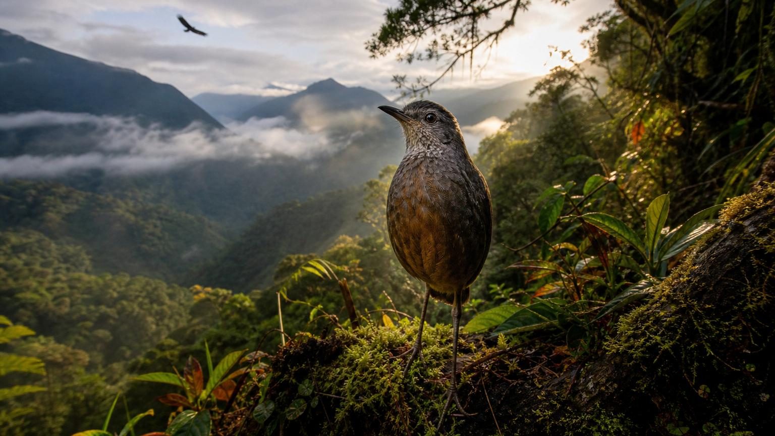 Oiseau gris, noir et brun aux longues pattes perché dans une forêt dense des Andes équatoriennes, représentant le jocotoco découvert en 1997