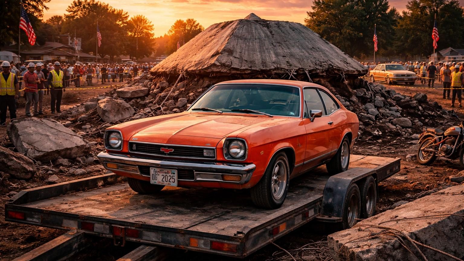 Chevrolet Vega de 1975 neuve exhumée après 50 ans d'enfouissement sous béton, présentée sur une remorque lors d'une parade du 4 juillet au Nebraska.
