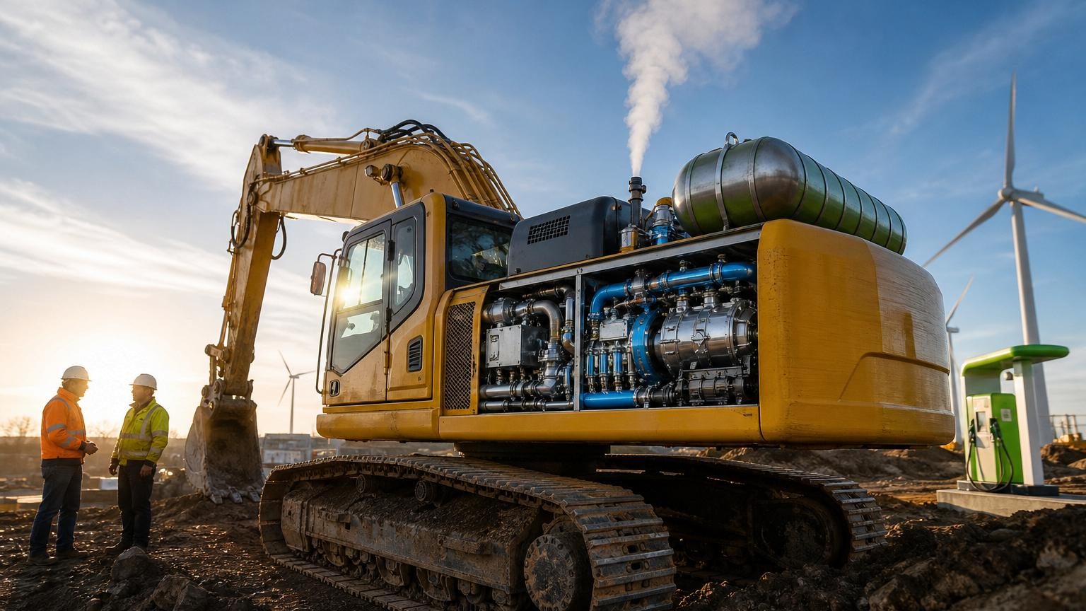 Un chantier avec une pelleteuse jaune et noire équipée du nouveau moteur à hydrogène, fonctionnant sans émissions apparentes de CO₂.