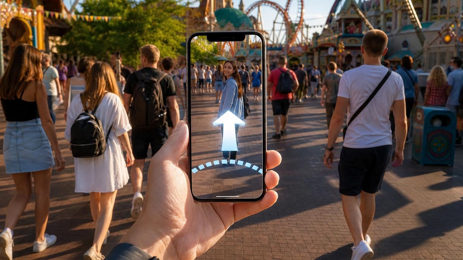 Écran d'iPhone affichant une flèche de direction blanche et une distance numérique pour localiser une personne en foule.