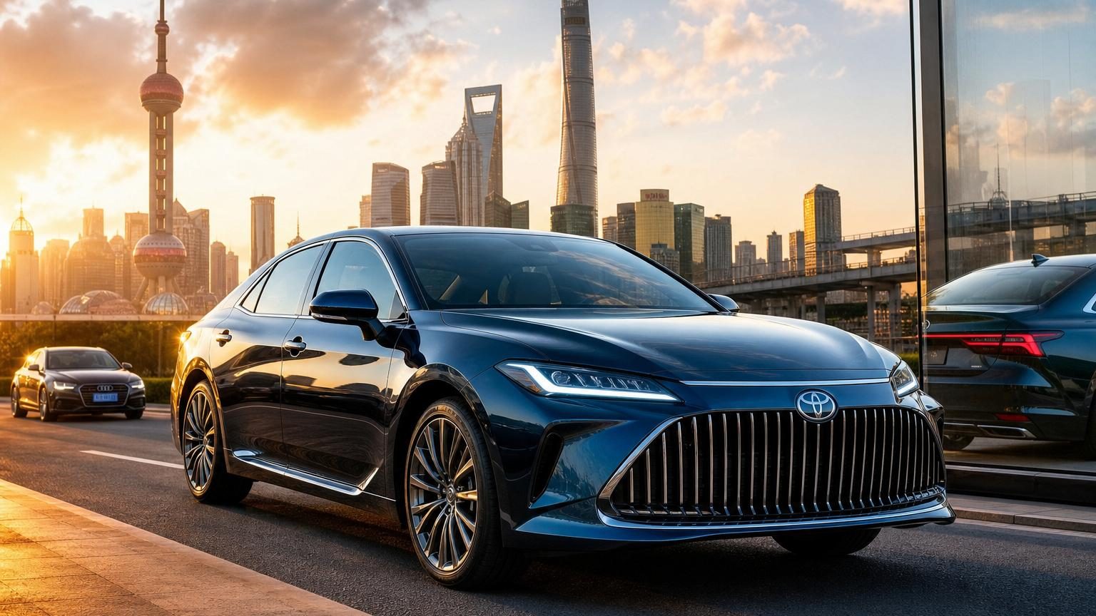 Toyota Avalon restylée en berline blanche avec nouvelle face avant et calandre imposante à barres verticales, vue de trois quarts avant.