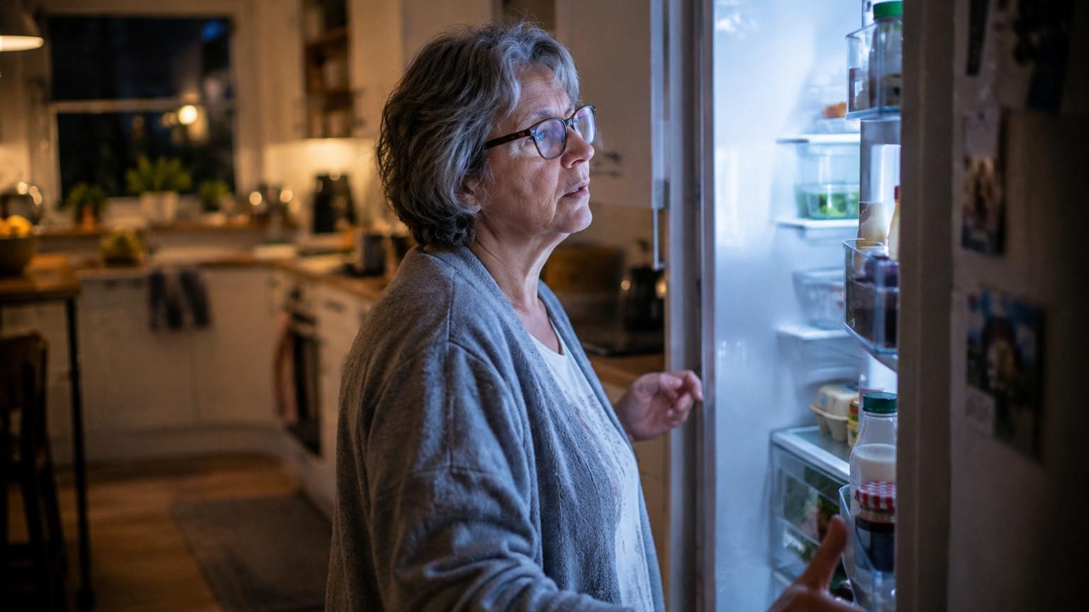 Gros plan d'une main ouvrant la porte d'un réfrigérateur, révélant une télécommande noire posée sur une étagère entre des aliments, symbolisant le placement incongru d'objets.