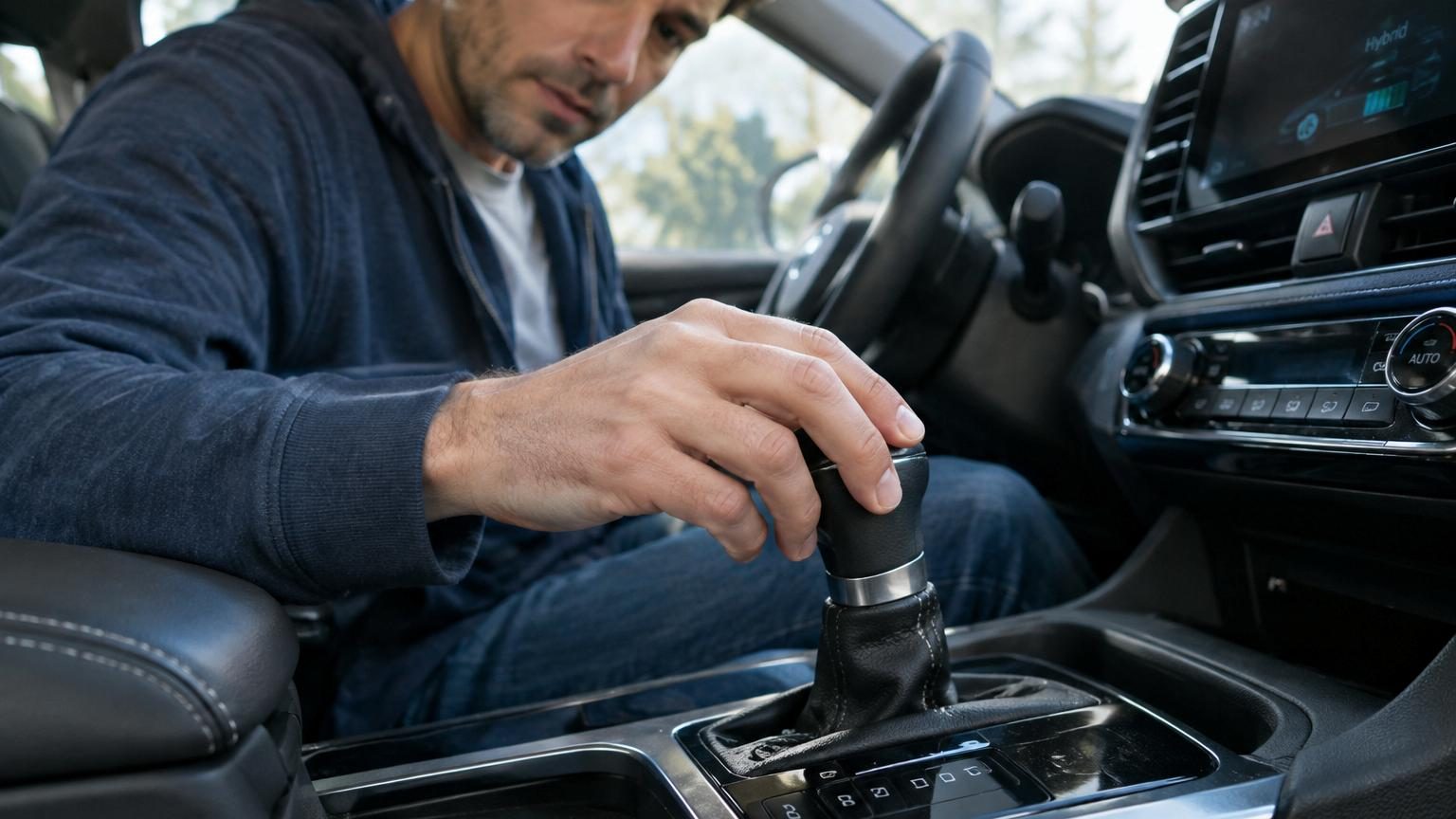 Levier de vitesses automatique d'une voiture hybride affichant les positions P, R, N, D et B, photographié en gros plan à l'intérieur d'un véhicule.