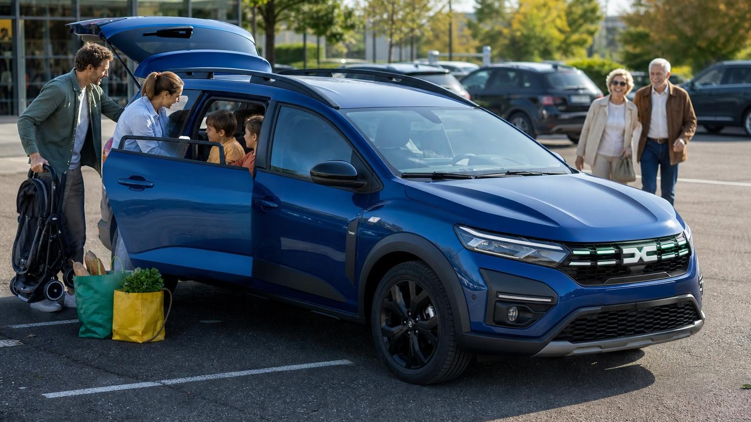 Voiture familiale Dacia Jogger Hybrid de profil dans un parking de supermarché avec portières ouvertes et enfants prêts à monter