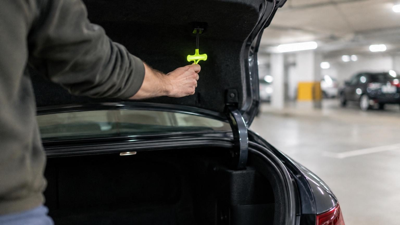 Poignée fluorescente vert fluo accrochée à l'intérieur d'un coffre de voiture fermé, brillant dans l'obscurité pour signaler l'issue de secours