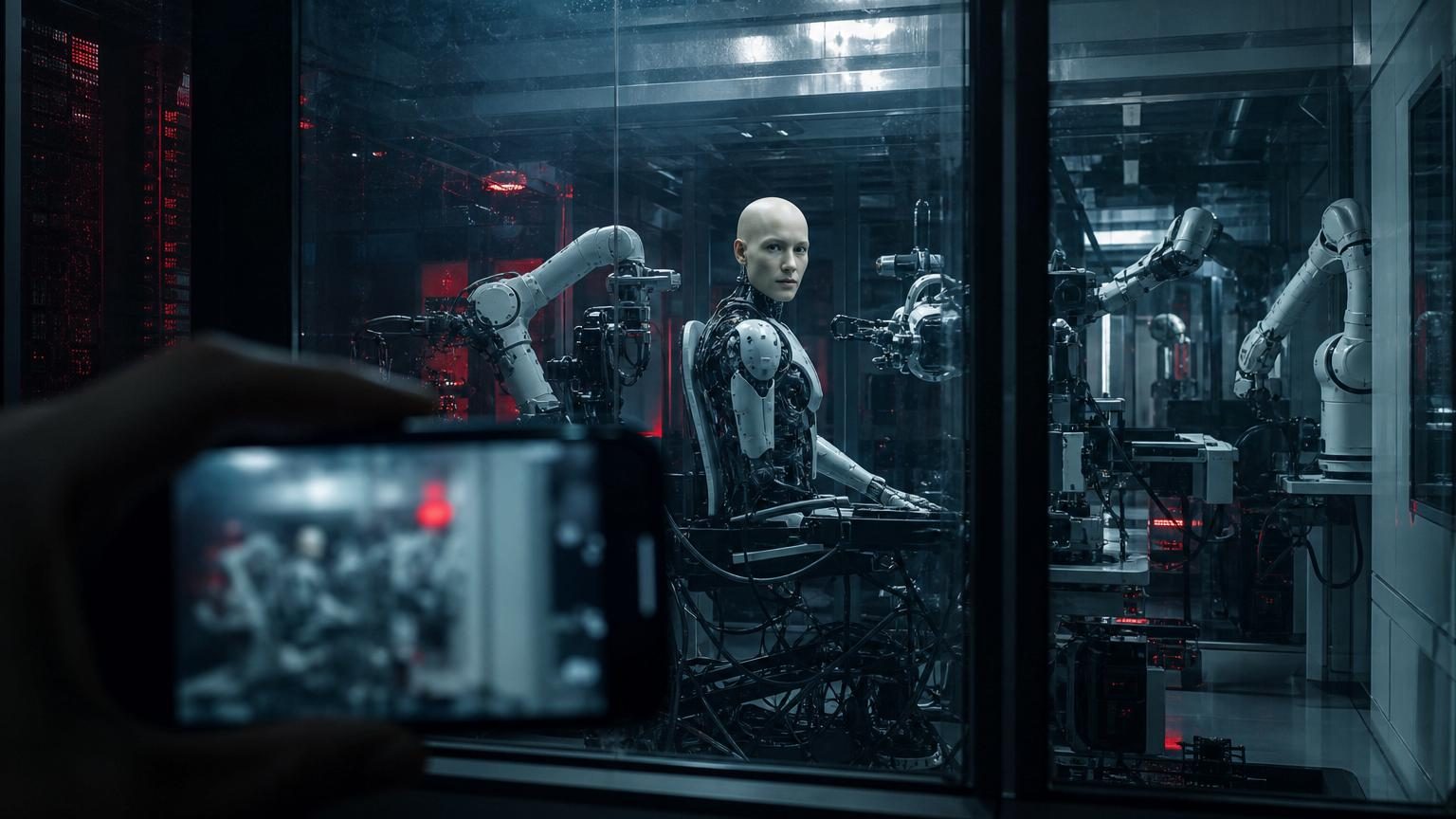 Composition graphique montrant une porte blindée éclairée par des néons blancs, une silhouette derrière une vitre et une machine de laboratoire au centre, évoquant une mise en scène de science-fiction.