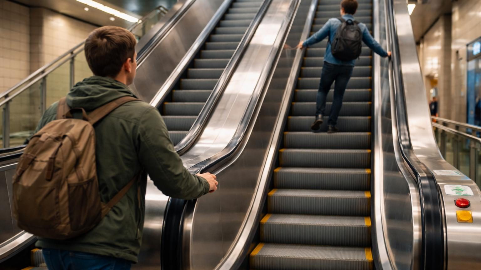 Vue rapprochée d'une main courante noire en caoutchouc glissant légèrement plus vite que les marches métalliques d'un escalator en fonctionnement, illustrant le système de sécurité discret.
