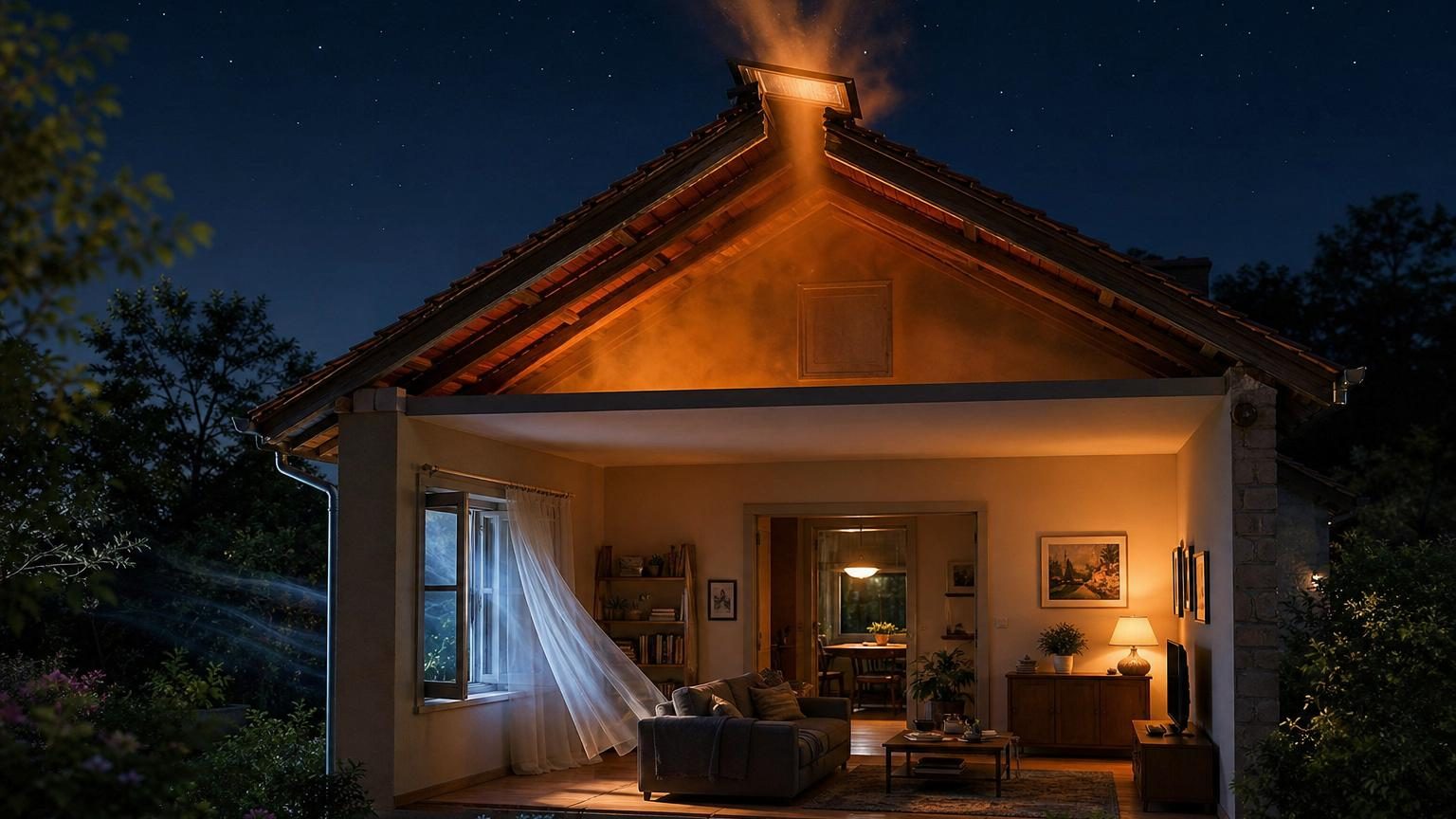 Maison avec fenêtre ouverte au toit et fenêtre basse ouverte créant une circulation d'air, air chaud montant vers le haut, symboles thermiques indiquant le mouvement de l'air frais entrant par le bas.