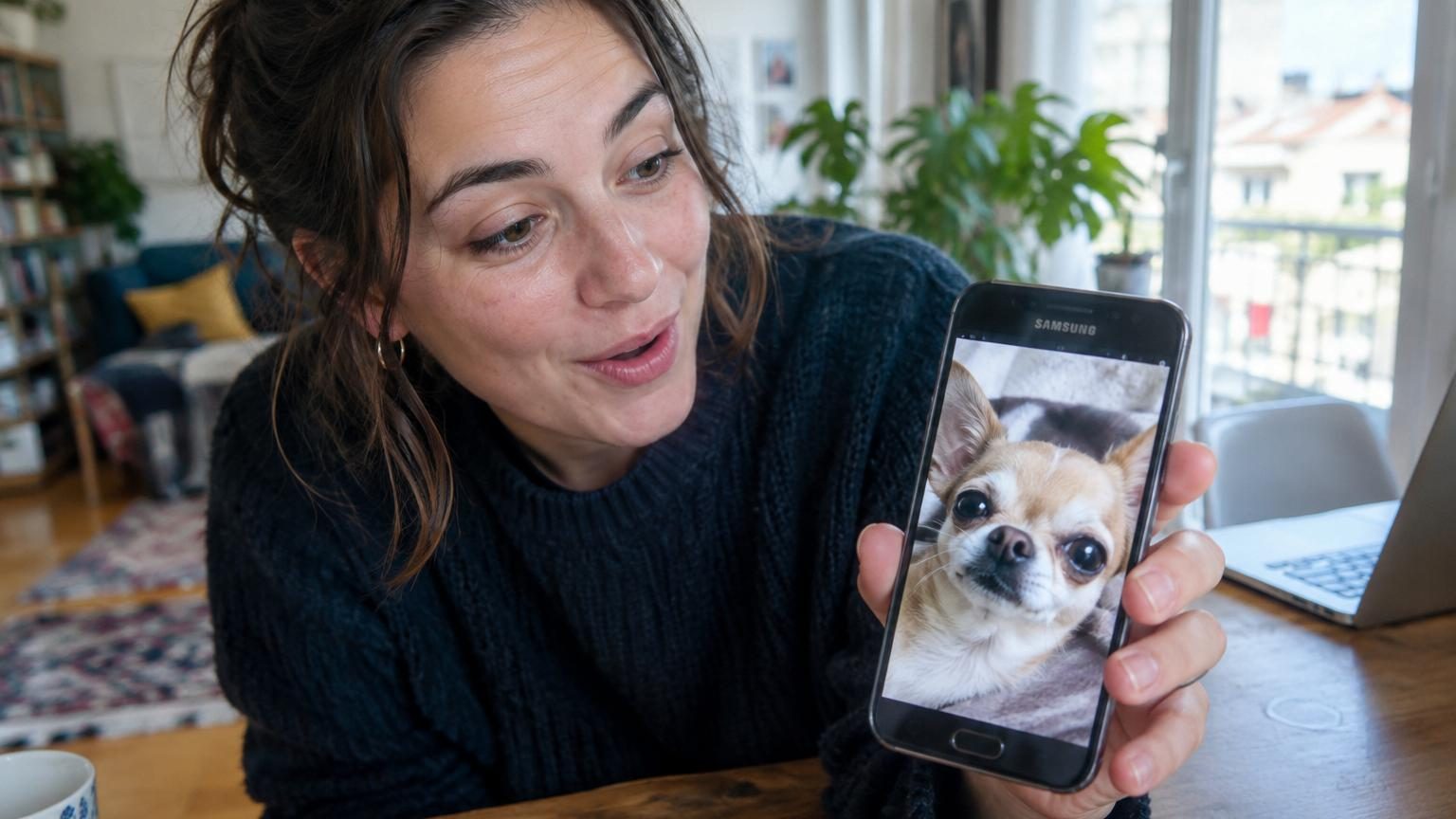 Photo colorée d'un chihuahua visible sur l'écran d'un smartphone Samsung Galaxy ouvert en mode diagnostic technique