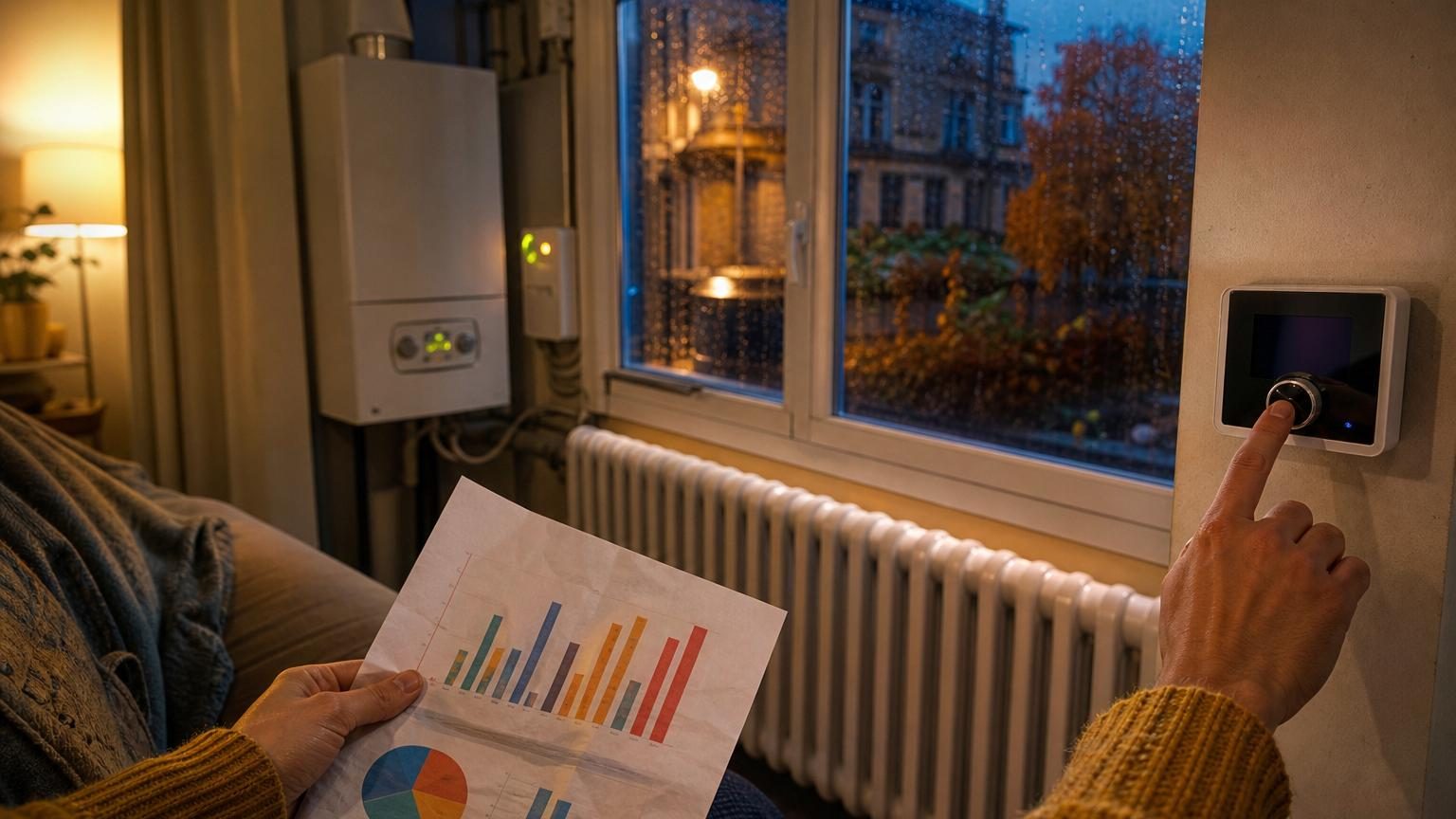 Intérieur d'un salon avec radiateurs allumés, thermostat visible et fenêtre avec rideau fermé le soir, symbolisant le début de la saison de chauffage d'automne