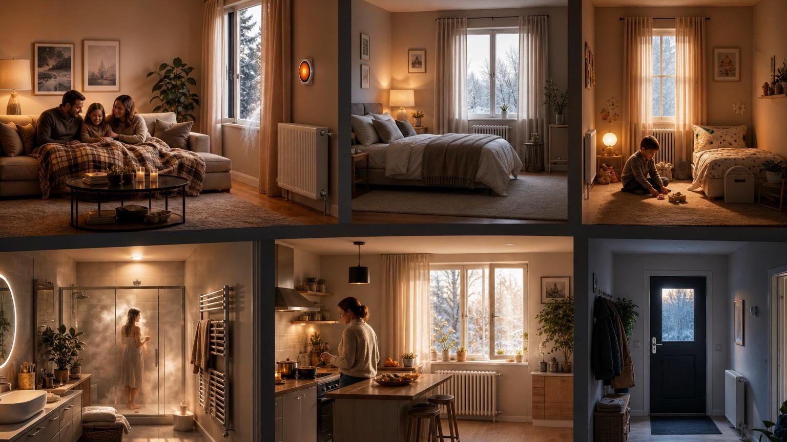 Intérieur d'un salon confortable avec thermostat mural affichant une température, canapé avec plaid, radiateur et fenêtre avec rideau fermé en jour d'hiver.
