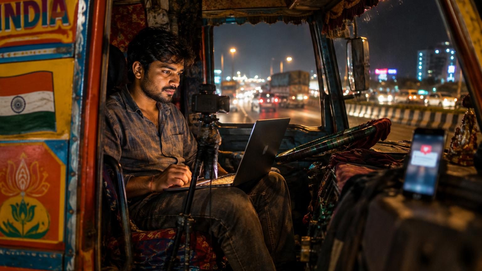 Chauffeur routier indien préparant un curry traditionnel dans une petite cuisine improvisée dans la cabine de son camion, au bord d'une route vallonnée de l'Inde.