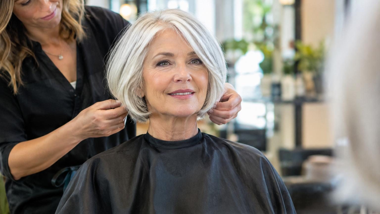 Femme de plus de 60 ans aux cheveux blancs courts dégradés, avec volume sur le dessus et mèches texturisées encadrant le visage, souriant de manière sereine et confiante.