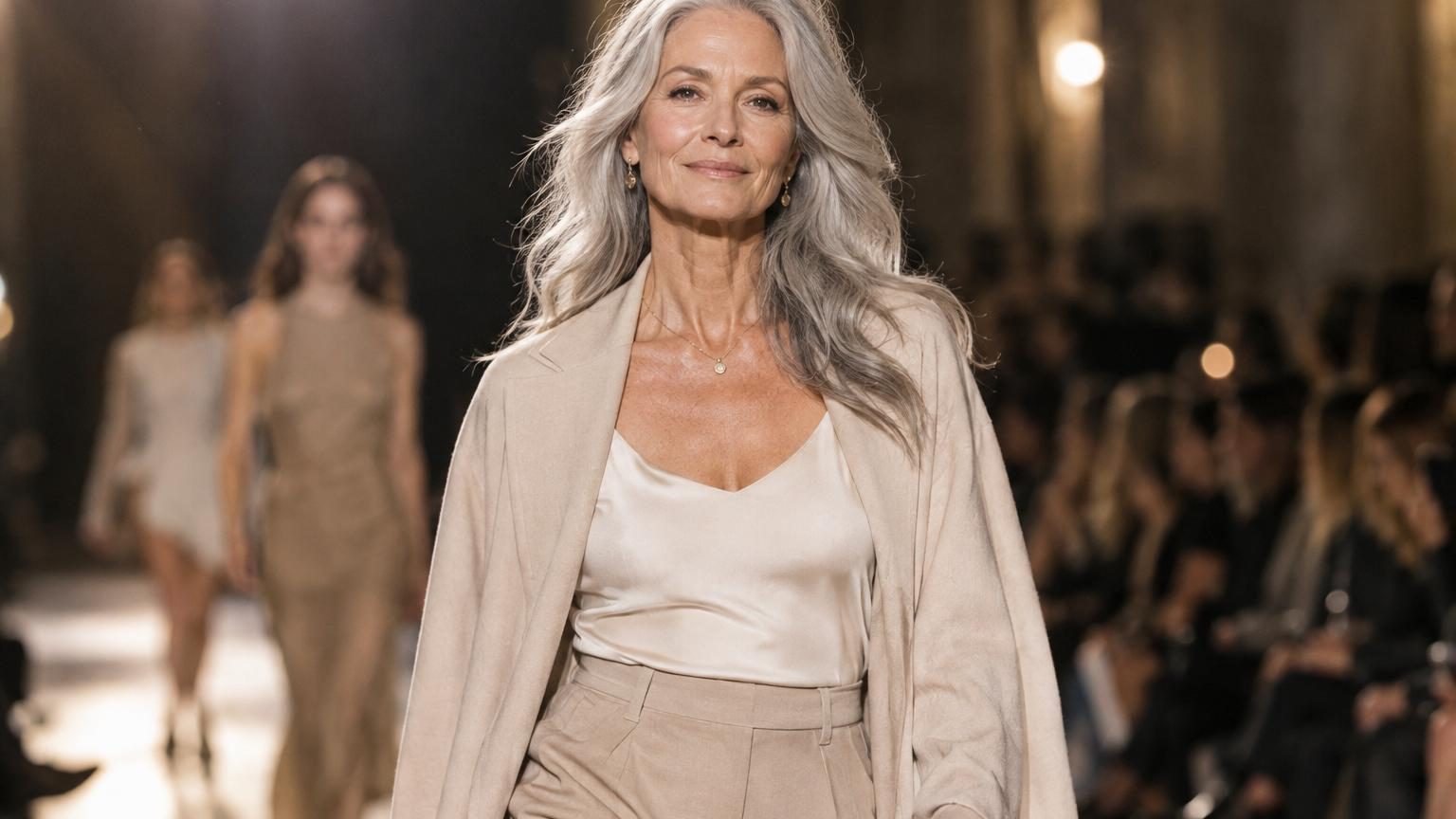 Une mannequin quinquagénaire aux cheveux gris et poivre et sel, élégante et confiante, marche sur un podium de haute couture vêtue d'une robe sophistiquée en organza rose poudré.
