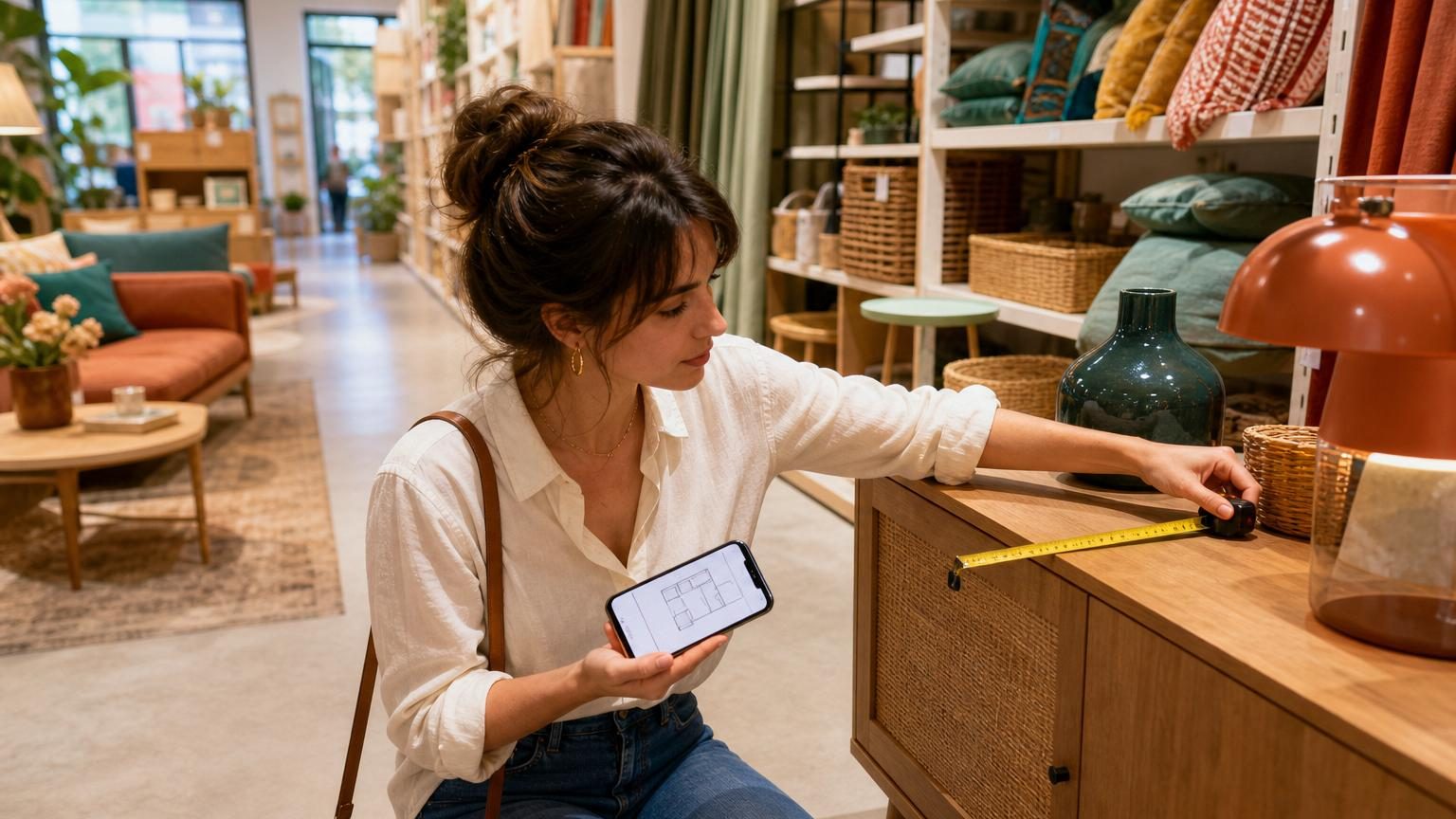 Femme nommée Léa consultant son téléphone et notant des mesures dans un salon chez Centrakor avant d'acheter un meuble d'appoint.