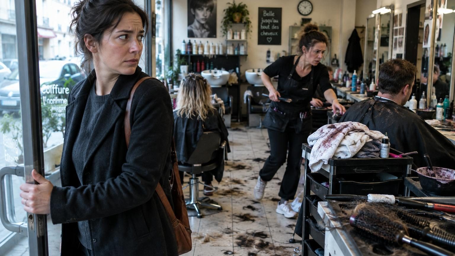 Intérieur d'un salon de coiffure avec chaises de coiffage, miroirs et postes de travail de coiffeur
