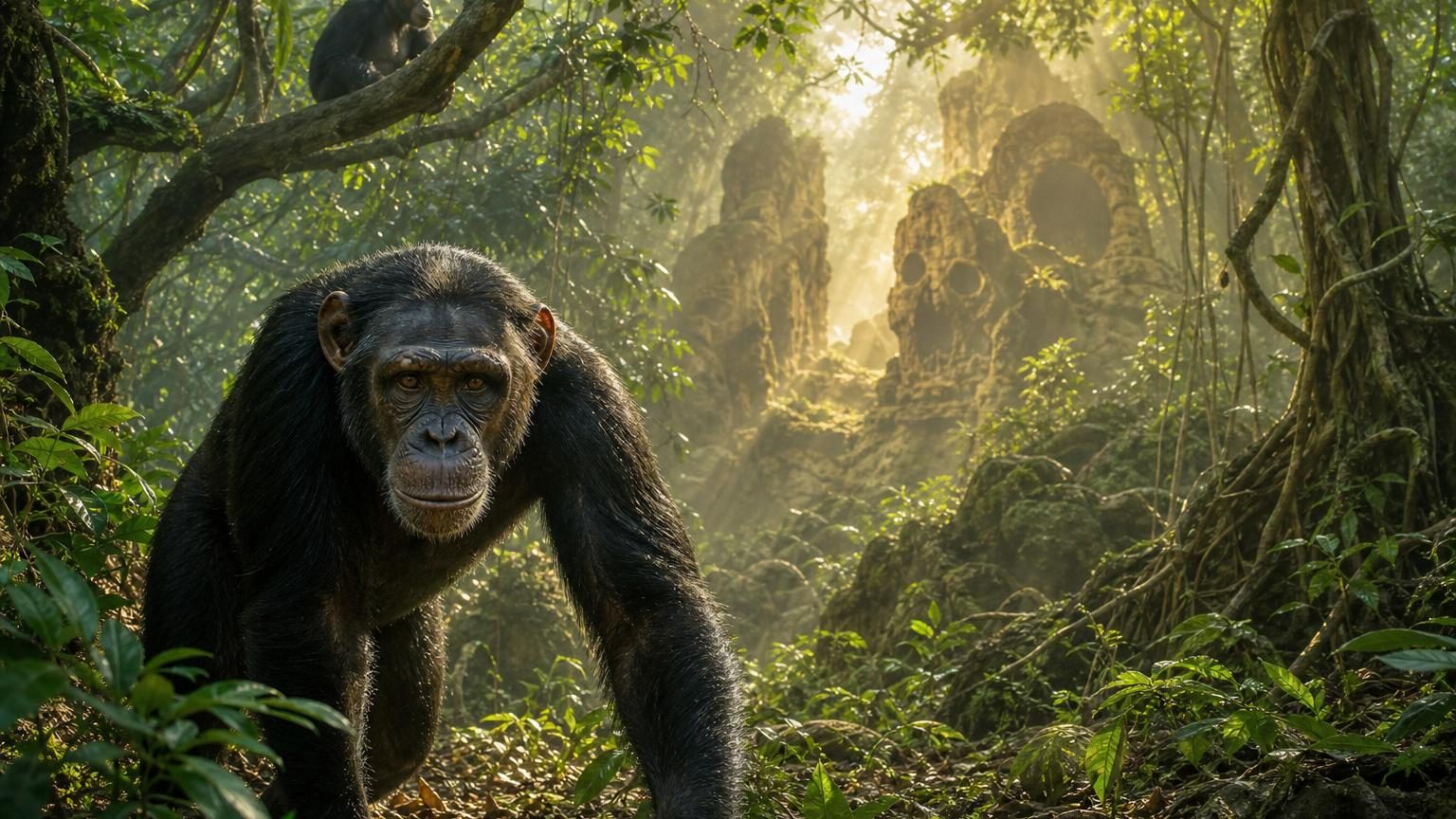 Un chimpanzé descend d'un arbre en forêt africaine et se déplace sur ses phalanges en marchant, incarnant sa spécialisation évolutive lointaine de celle de l'humain.