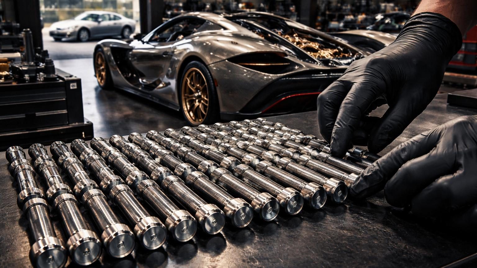 Atelier de fabrication artisanale chez Pagani : gros plan sur une vis en titane gravée du logo de la marque, représentant le détail d'orfèvrerie caractéristique des supercars de luxe italiennes.