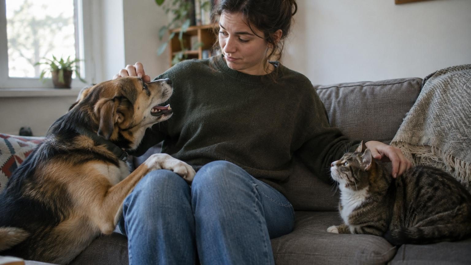 Un chien et un chat côte à côte, le chien regardant son propriétaire avec enthousiasme tandis que le chat observe sereinement, illustrant leurs différentes expressions de l'attachement.