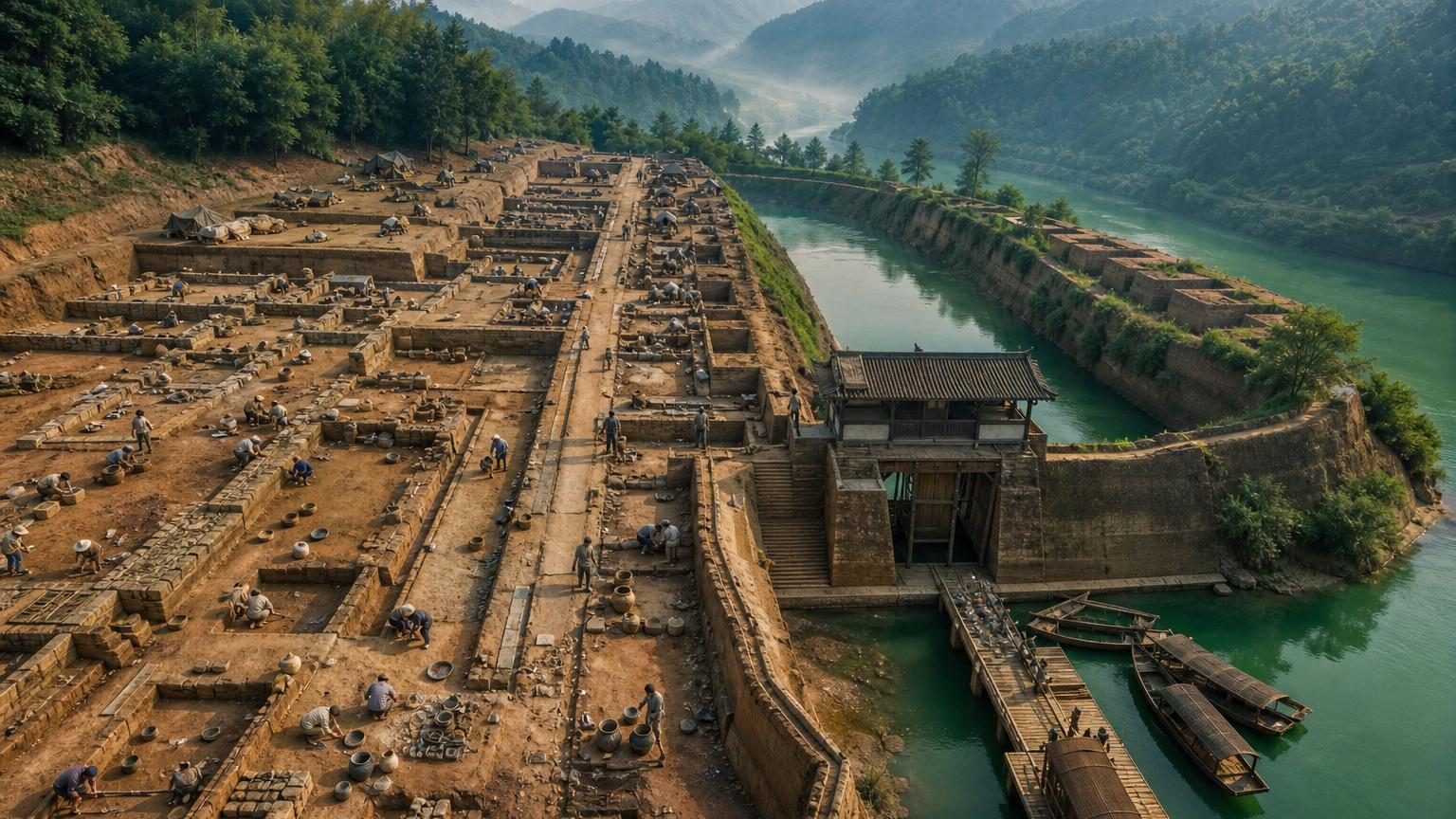 Vue aérienne de fouilles archéologiques révélant les vestiges d'une ville antique avec enceinte, fossé défensif et structures de bâtiments, près d'une rivière en Chine
