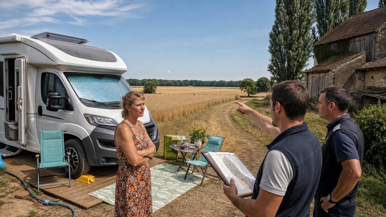 Un camping-car discret parked au fond d'un terrain agricole, partiellement caché par une haie de peupliers et un vieux hangar, avec une petite terrasse démontable et des raccordements d'eau provisoires.