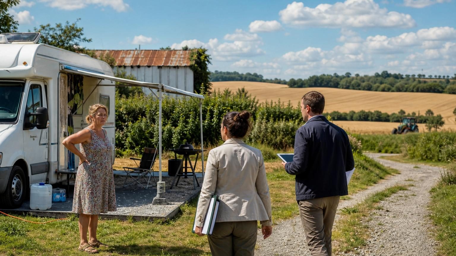 Un camping-car blanc stationné sur une parcelle agricole entourée de champs et de haies, avec un auvent et des aménagements légers installés devant.