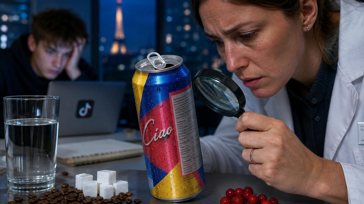 Canette colorée de Ciao Energy portant les logos des créateurs Squeezie, Léna Situations et Inoxtag sur fond clair