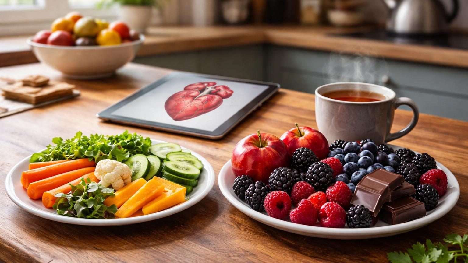 Assiette avec fruits et légumes variés et une tasse de thé, illustrant les différentes sources alimentaires de flavanols pour la santé cardiaque