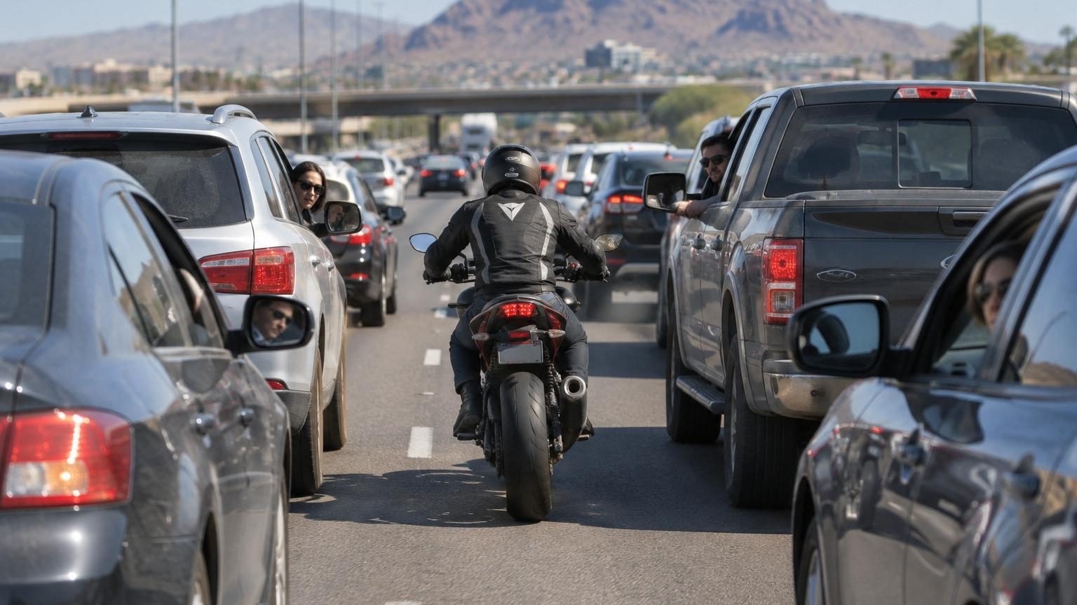 Un motard roulant entre deux files de voitures immobilisées dans un embouteillage urbain, illustrant la pratique du lane filtering sur une route limitée à faible vitesse.